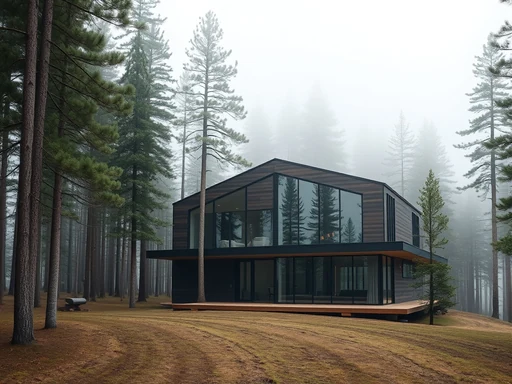 Glass house in a foggy forest