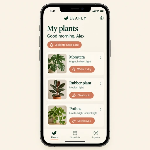 LEAFLY plant-care app concept with plant cards and care reminders on a phone