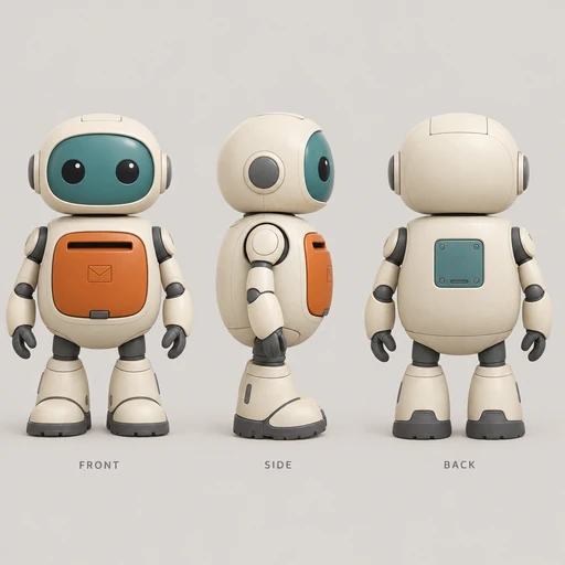 Front, side and back views of the cream and orange PIP delivery robot