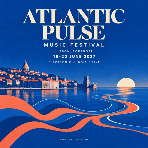 GPT Image 2.5 ATLANTIC PULSE festival concept poster with a blue Lisbon waterfront and coral sound waves