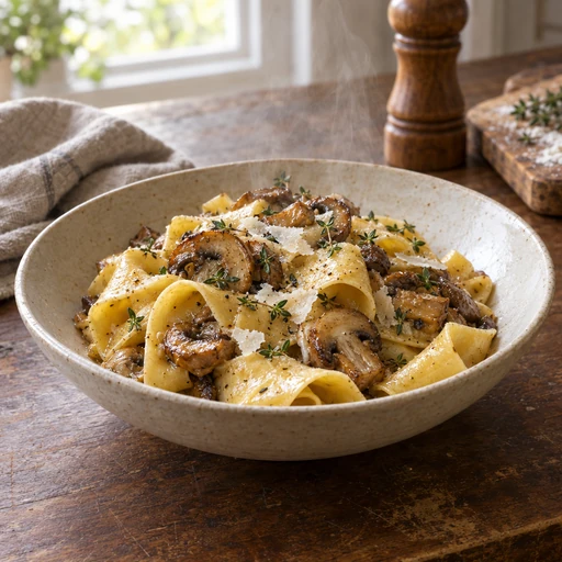 Mushroom pappardelle in a ceramic bowl on a wooden kitchen counter with soft backlit steam