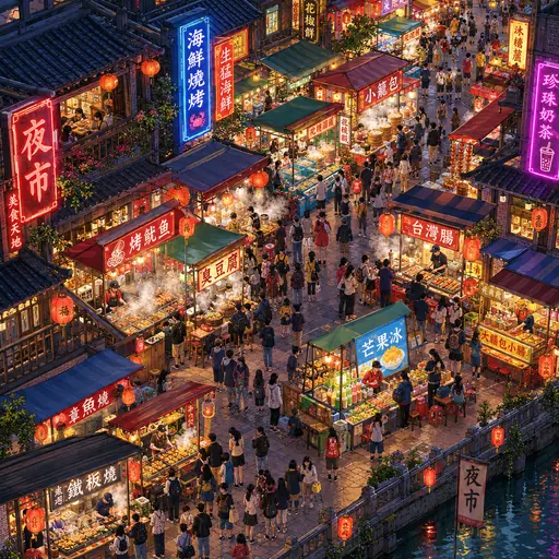 GPT Image 2.5 night-market illustration with lantern-lit stalls, crowds and a canal