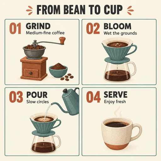 FROM BEAN TO CUP pour-over coffee infographic with four numbered steps