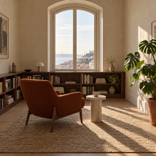 Reading lounge with an arched window, walnut bookcase and rust-colored chair
