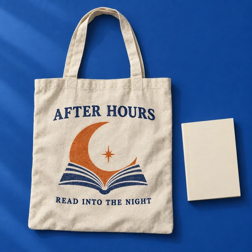 AFTER HOURS cotton bookshop tote with a moon-and-book print on a blue surface