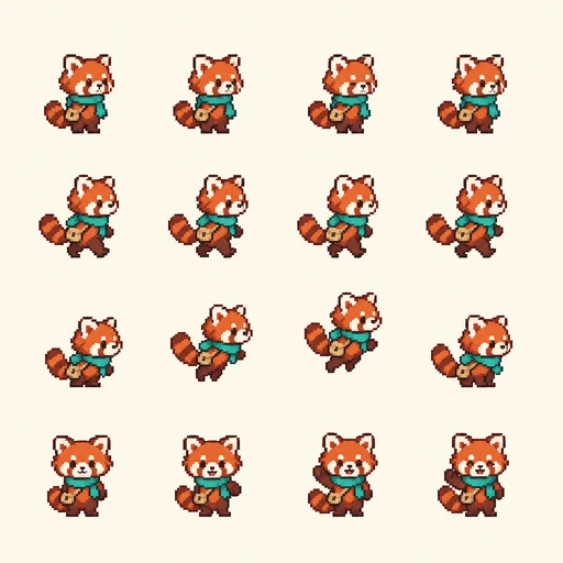 Pixel art sprite sheet of a red panda explorer wearing a teal scarf