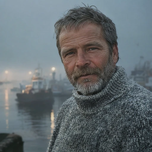GPT Image 2.5 portrait of a fisherman in a knitted sweater at a foggy harbor