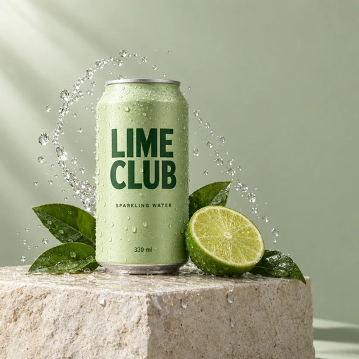 LIME CLUB sparkling water can with lime and water droplets on a stone plinth