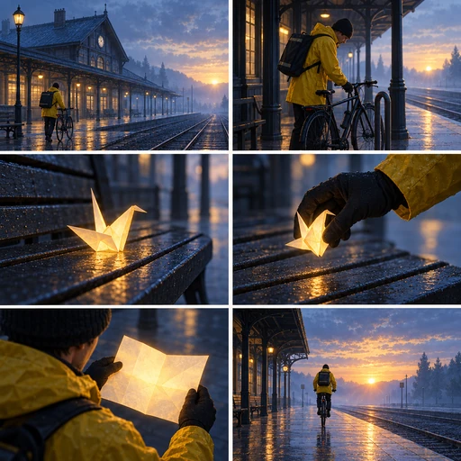 Six-panel storyboard of a yellow-coated bicycle courier discovering a glowing paper crane at a station