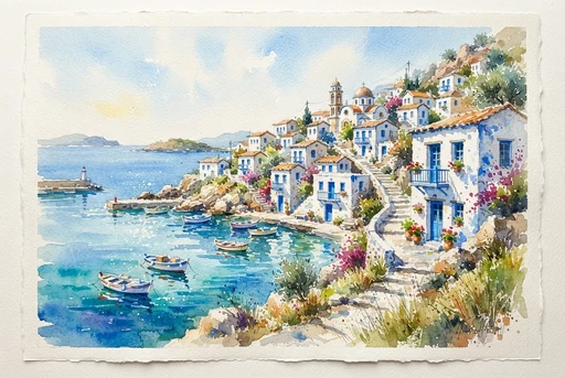 Watercolor seaside village