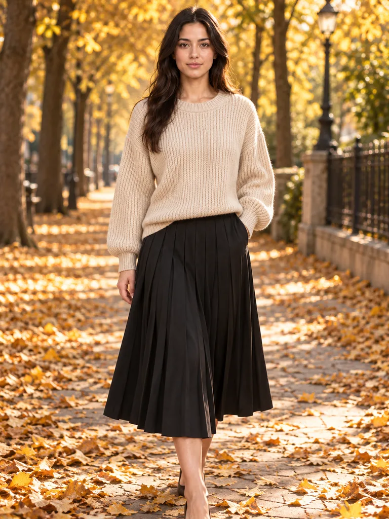 Knit and skirt on a leaf-strewn avenue