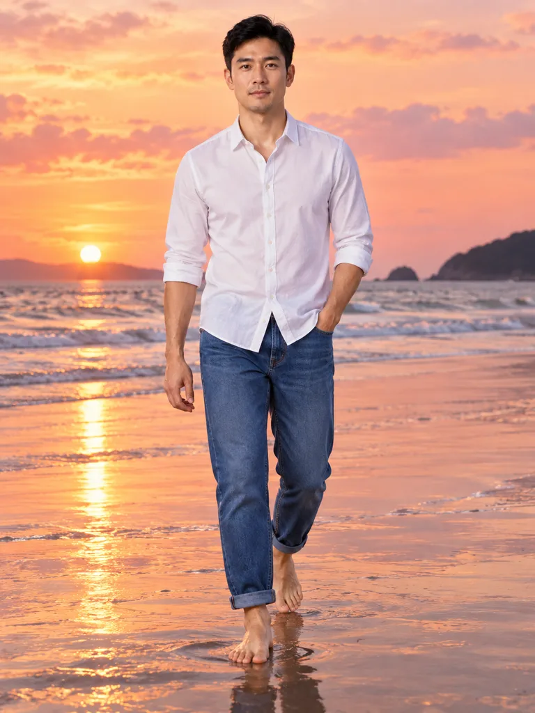 Shirt and jeans by the sea at sunset