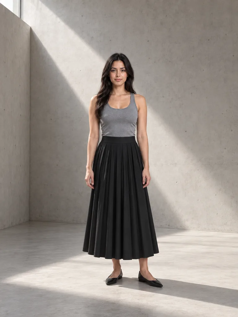 Pleated skirt in a shaft of window light