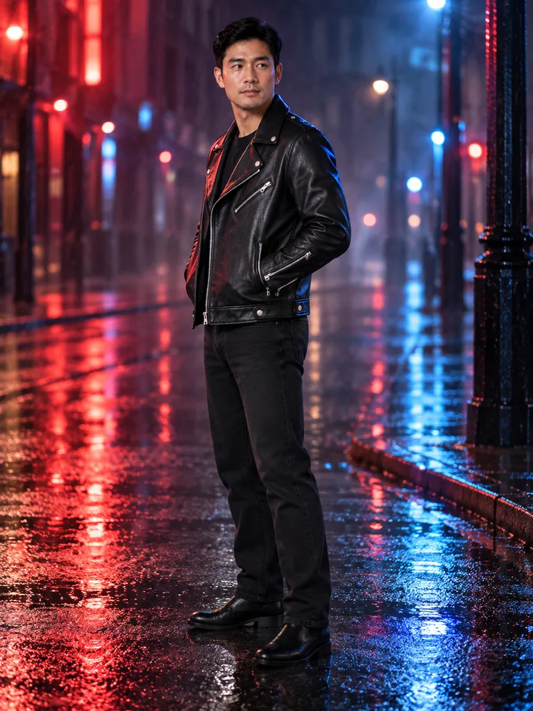 Leather jacket, neon reflections after rain