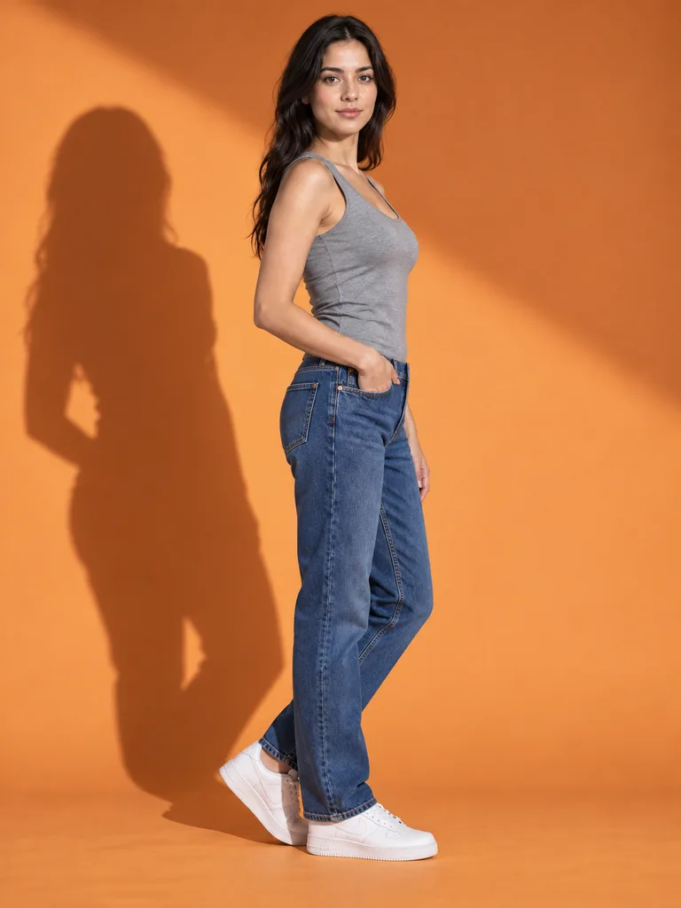 Denim under hard studio light, cast shadow